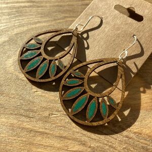 Wooden Teardrop Earrings with Green Accents
